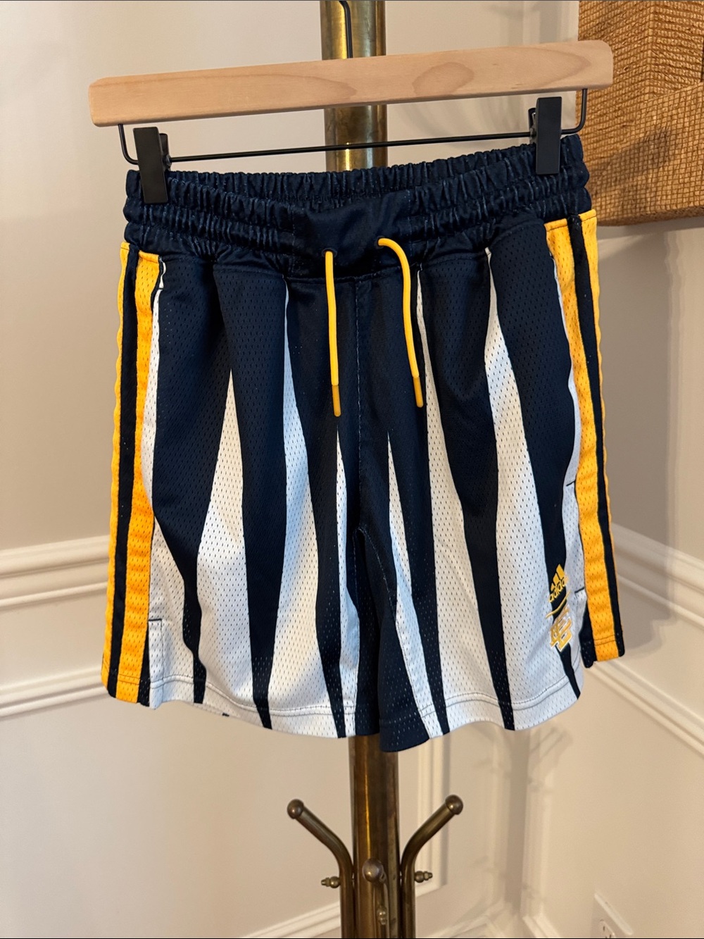 adidas Men’s Navy, White & Yellow Athletic Mesh Shorts